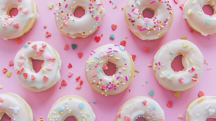 Wall Mural - A bird s eye view of Valentine s Day donuts featuring sweet icing and colorful sugar sprinkles atop a pink backdrop