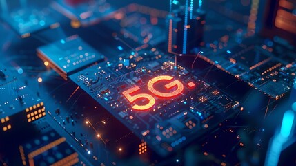 Aufkleber - Close-up of glowing 5G on a circuit board symbolizing high-speed connectivity. Futuristic technology in telecommunication. Vibrant, detailed electronics background. AI