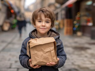 A young boy is holding a brown paper bag. He is smiling and he is happy. The scene takes place on a street, with other people walking around