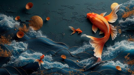 Wall Mural - Wall art design for wallpaper, wall framed prints, canvas prints and home decor with goldfish and ocean wave texture.