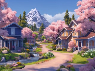 Wall Mural - A small town with houses and a river. The houses are yellow and blue. The trees are pink and the sky is blue