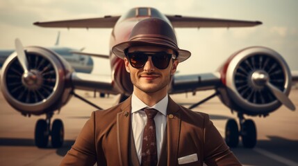 Businessman in aviator leather hat showcasing new business venture on plane runway