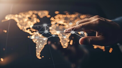 Aufkleber - Hand touching abstract global network connections, digital world map. Concept of international communication and technology. Modern, digital style image. AI