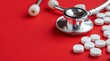 Stethoscope and pills on a red background with copy space.