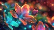 Abstract neon background with flowers in green, orange, purple colors