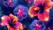 Abstract neon sparkling background with hibiscus flowers in violet, orange, purple colors