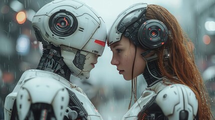 A beautiful Al robot staring at a human girl.