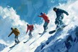 Vibrant illustration of snowboarders in action on a snowy mountain descent