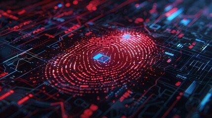 Aufkleber - Red Cyber Fingerprint on Digital Circuit Board. High-Tech Concept Symbolizing Data Security and Digital Identity. Futuristic Technology Background. AI
