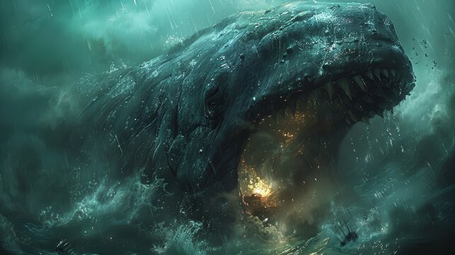 A giant sea monster with a gaping mouth full of sharp teeth is rising from the depths of the ocean.