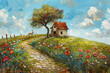 oil painting on canvas house, 3d illustration of house in forest flower and sunlight, oil painting style