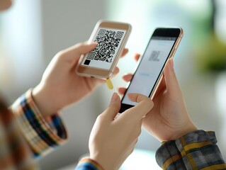 Two people are using their phones to scan a qr code. One person is holding a phone with a qr code on it, while the other person is holding a phone with a qr code on it