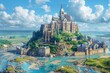 AI-generated vector art of Mont Saint-Michel, illustrating its grandeur amidst lush landscapes and blue skies
