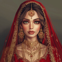 Wall Mural - Create an image of an Indian bride on her wedding day, adorned in traditional attire. She is wearing a rich red lehenga with intricate gold embroidery. Her jewelry includes a gold nose ring, a maang t