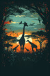 As dusk falls on the safari, this vector illustration shows a gathering of giraffes in a vividly colored setting. AI Generated