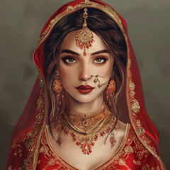 Wall Mural - Create an image of an Indian bride on her wedding day, adorned in traditional attire. She is wearing a rich red lehenga with intricate gold embroidery. Her jewelry includes a gold nose ring, a maang t