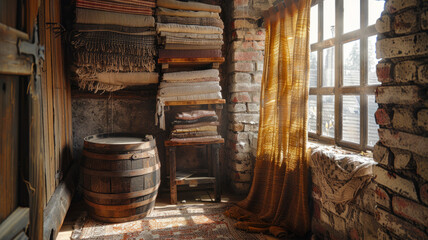 Canvas Print - Rustic cozy interior with sunlight.