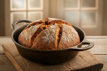 Irish soda bread in cast iron pan, traditional Irish recipe