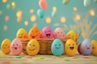 © VISUAL BACKGROUND - Colorful Easter eggs and smiley faces inside basket, Colorful Easter eggs and basket.