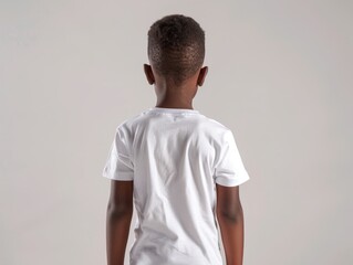 A boy in a white T-shirt stands on a white background.