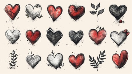 Wall Mural - Various hand drawn doodle styles of heart symbols. Illustration design for print, cartoon, card, decoration, sticker, icon, Valentines Day.