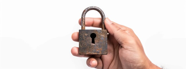 Poster - Safety. Hand holding a padlock on white background 