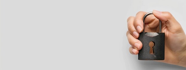 Poster - Safety. Hand holding a padlock on white background 