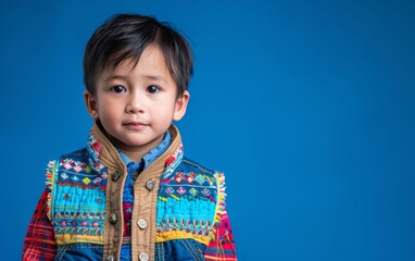 A young boy wearing a blue vest with a plaid pattern. He is looking at the camera with a smile on his face