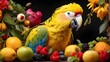 A playful yellow parrot, its beak open in a joyful squawk, surrounded by a variety of colorful fruits and flowers.