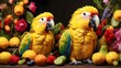 A playful yellow parrot, its beak open in a joyful squawk, surrounded by a variety of colorful fruits and flowers.