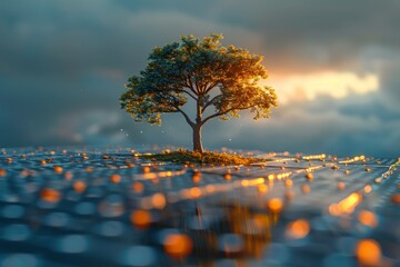 Wall Mural - A tree is standing on top of a solar panel.