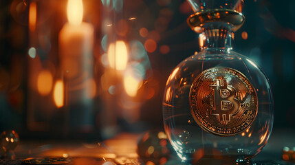 Wall Mural - Bitcoin cryptocurrency in a glass bottle on a dark background. Cryptocurrency concept.