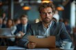 © Larisa AI - A serious-looking professional intensely reviews information on his clipboard, sitting in a corporate meeting cafe setting