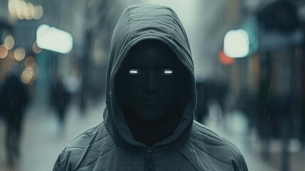 A mysterious person in a dark hoodie with glowing white eyes stands in a crowded city street.