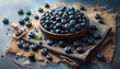 Blaubeeren in einer Holzschüssel, appetitlich dekoriert mit Früchten