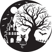 Halloween Background With Castle, Cat And Tree. Vector Illustration.