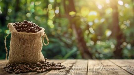 Wall Mural - fresh roasted coffee beans in burlap bag on rustic wooden table with lush green nature background aromatic artisanal product photography