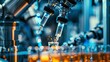 Robotic arms handling bio samples perform a precise ballet in a steel grey and blue laboratory Sparks fly as they interact with vials