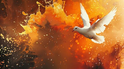 Wall Mural - holy spirit dove in flames white bird flying in fiery splashes of paint