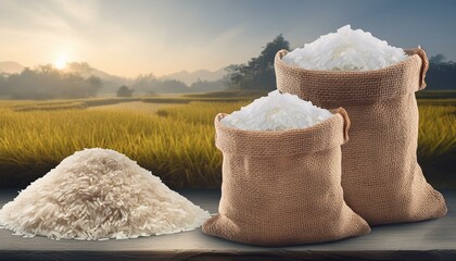 Wall Mural - Rice Harvest: Stacks of Jasmine Rice and Sacks in Background