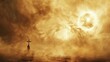 lone silhouette of man carrying cross in desert storm with swirling dust and smoke under blazing sun evocative spiritual concept illustration