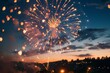 Celebrate independence with a breathtaking fireworks display against a stunning sunset backdrop. Independence Day of USA. Holiday fireworks on the black sky background