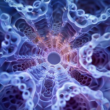The image is a 3D rendering of a blue and purple organic structure. It could be a representation of a biological organism, a cellular structure, or an abstract form.