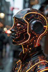 Poster - A humanoid robot with neon circuit patterns on its surface, interacting with humans in a public space,