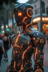 Poster - A humanoid robot with neon circuit patterns on its surface, interacting with humans in a public space,