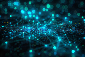 Poster - A neon green and blue map of a digital network, representing the global reach of social media,