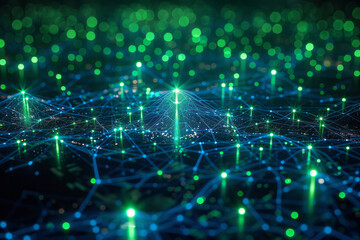 Leinwandbilder - A neon green and blue map of a digital network, representing the global reach of social media,