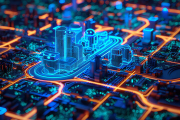 Poster - A neon blueprint of a smart city, illustrating urban planning and tech integration,