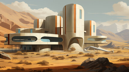 Poster - Retro futuristic architecture in sci-fi scene on the desert planet. Alien landscape with nostalgic retro future constructions.