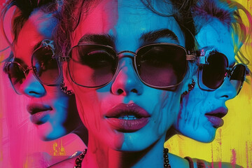 Aufkleber - A pop art piece featuring iconic 80s celebrities rendered in soft pastels with neon highlights,